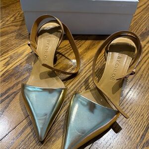 See By Chloe Metallic Gold Pointed-Toe Slingback Flats with Tan Straps